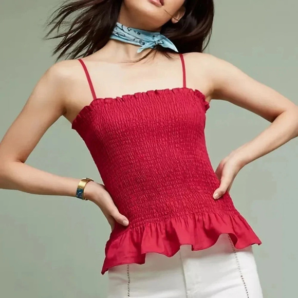 Anthropologie Maeve New Women’s Large Linen Blend Smocked Peplum Cami - Picture 1 of 9